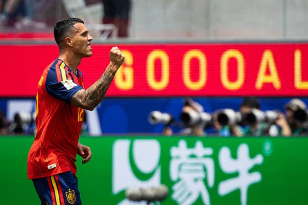 SOCCER - FIFA World Cup, WM, Weltmeisterschaft, Fussball 2026 INGLEWOOD,CALIFORNIA,USA,02.JUL.26 - SOCCER - FIFA World Cup, round of 32, Spain vs Austria. Image shows the rejoicing of Pedro Porro (ESP).  GEPAxpictures xArminxRauthner