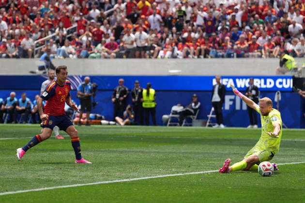 RECORD DATE NOT STATED 2nd July 2026; SoFi Stadium, Los Angeles, California, United States of America; FIFA World Cup, WM, Weltmeisterschaft, Fussball Football, Spain versus Austria; Mikel Oyarzabal of Spain scores his second and his sides third goal of the match to make the score 3-0 to Spain in the 89th minute AlecxBrown