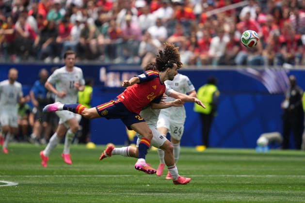 RECORD DATE NOT STATED 2nd July 2026; SoFi Stadium, Los Angeles, California, United States of America; FIFA World Cup, WM, Weltmeisterschaft, Fussball Football, Spain versus Austria; Marc Cucurella of Spain and Romano Schmid of Austria battle for possession AlecxBrown