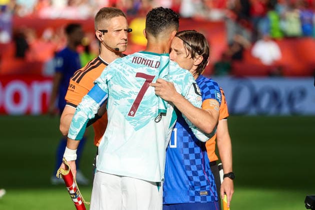 Portugal v Croatia: Round Of 32 - FIFA World Cup, WM, Weltmeisterschaft, Fussball 2026 Referee Espen Eskas, Cristiano Ronaldo of Portugal and Luka Modric of Croatia during the FIFA World Cup 2026 Round Of 32 match between Portugal and Croatia at Toronto Stadium on July 2, 2026 in Toronto, Canada.  SanjinxStrukic PIXSELL
