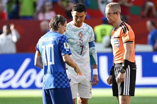 Toronto, July 26, 2026. BMO Field, 2026 FIFA World Cup, WM, Weltmeisterschaft, Fussball Portugal vs. Croatia, World Cup Round of 32 knockout match. In the photo: Luka Modriæ, Cristiano Ronaldo, Espen Eskas. Photo: Boris Kovaèev CROPIX Copyright: xxBorisxKovacevx bk_portugal_hrvatska21-020726