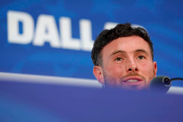 Aiden O Neill of Australia participates in a press conference, PK, Pressekonferenz in Dallas, USA 02 July 2026. Australian national team, Nationalteam press conference !ACHTUNG: NUR REDAKTIONELLE NUTZUNG!  Copyright: xMariscalx GR5039 20260702-55020782754_1