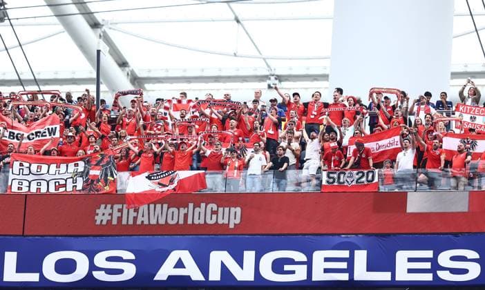 Fans of Austria in stands Spain v Austria, 2026 FIFA World Cup, WM, Weltmeisterschaft, Fussball ROund of 32, Football, Los Angeles Stadium, California, USA - 02 Jul 2026Los Angeles Los Angeles Stadium California (CA) United States of America  Copyright: xMichaelxZemanek Shutterstockx 16974406ci
