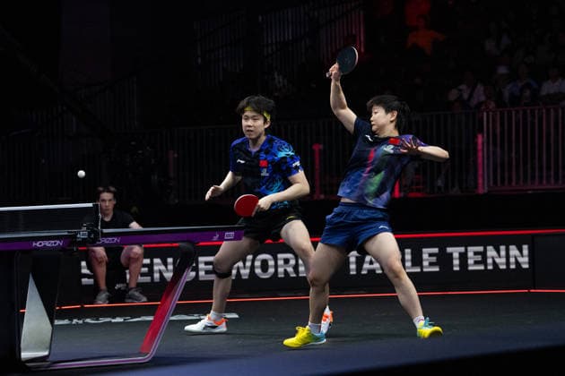 LOS ANGELES, CALIFORNIA - JULY 02: Wang Chuqin and Sun Yingsha of China compete in the Mixed Doubles Semifinal match against Hugo Calderano and Bruna Takahashi of Brazil on day 7 of United States Smash 2026 at Ontario Convention Center on July 2, 2026 in Los Angeles, California.  Copyright: xVCGx 111651923690