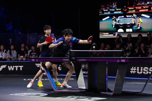 LOS ANGELES, CALIFORNIA - JULY 02: Wang Chuqin and Sun Yingsha of China compete in the Mixed Doubles Semifinal match against Hugo Calderano and Bruna Takahashi of Brazil on day 7 of United States Smash 2026 at Ontario Convention Center on July 2, 2026 in Los Angeles, California.  Copyright: xVCGx 111651923692