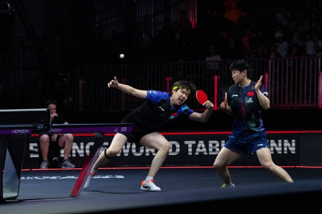 LOS ANGELES, CALIFORNIA - JULY 02: Wang Chuqin and Sun Yingsha of China compete in the Mixed Doubles Semifinal match against Hugo Calderano and Bruna Takahashi of Brazil on day 7 of United States Smash 2026 at Ontario Convention Center on July 2, 2026 in Los Angeles, California.  Copyright: xVCGx 111651923694