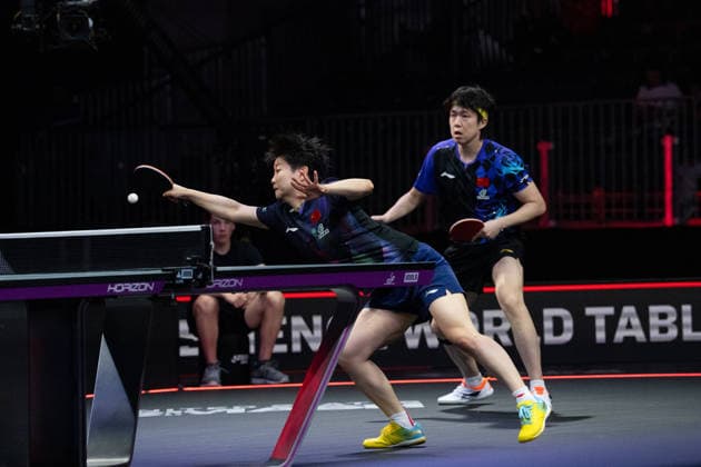 LOS ANGELES, CALIFORNIA - JULY 02: Wang Chuqin and Sun Yingsha of China compete in the Mixed Doubles Semifinal match against Hugo Calderano and Bruna Takahashi of Brazil on day 7 of United States Smash 2026 at Ontario Convention Center on July 2, 2026 in Los Angeles, California.  Copyright: xVCGx 111651923689