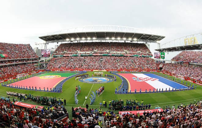 (260703) -- TORONTO, July 3, 2026 -- Players of both sides line up before the round of 32 match between Portugal and Croatia at the 2026 FIFA World Cup, WM, Weltmeisterschaft, Fussball at Toronto Stadium in Toronto, Canada, July 2, 2026. (Photo by Xinhua) (SP)CANADA-TORONTO-FOOTBALL-FIFA WORLD CUP-ROUND OF 32-POR VS CRO YangxShu 