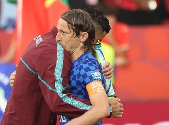 (260703) -- TORONTO, July 3, 2026 -- Cristiano Ronaldo (L) of Portugal and Luka Modric of Croatia embrace before the round of 32 match between Portugal and Croatia at the 2026 FIFA World Cup, WM, Weltmeisterschaft, Fussball at Toronto Stadium in Toronto, Canada, July 2, 2026. (Photo by Xinhua) (SP)CANADA-TORONTO-FOOTBALL-FIFA WORLD CUP-ROUND OF 32-POR VS CRO ZouxZheng 