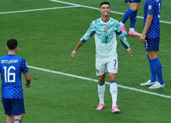 (260703) -- TORONTO, July 3, 2026 -- Cristiano Ronaldo (2nd L) of Portugal looks dejected after missing a chance to score during the round of 32 match between Portugal and Croatia at the 2026 FIFA World Cup, WM, Weltmeisterschaft, Fussball at Toronto Stadium in Toronto, Canada, July 2, 2026. (Photo by Xinhua) (SP)CANADA-TORONTO-FOOTBALL-FIFA WORLD CUP-ROUND OF 32-POR VS CRO YangxShu 