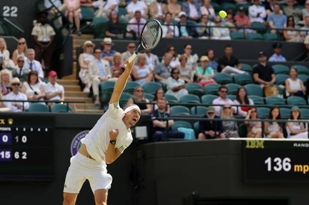 (260703) -- LONDON, July 3, 2026 -- Alexander Zverev of Germany serves during the men s singles second round match against Valentin Royer of France at the Wimbledon Tennis Championships in London, Britain, on July 2, 2026. (Photo by Xinhua) (SP)BRITAIN-LONDON-TENNIS-WIMBLEDON-MEN S SINGLES DinendraxHaria 