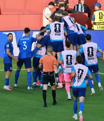 (260703) -- TORONTO, July 3, 2026 -- Players of Croatia celebrate after Ivan Perisic s scoring during the round of 32 match between Portugal and Croatia at the 2026 FIFA World Cup, WM, Weltmeisterschaft, Fussball at Toronto Stadium in Toronto, Canada, July 2, 2026. (Photo by Xinhua) (SP)CANADA-TORONTO-FOOTBALL-FIFA WORLD CUP-ROUND OF 32-POR VS CRO YangxShu 