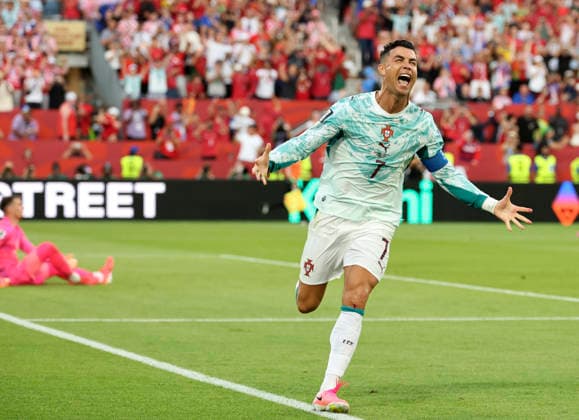 (260703) -- TORONTO, July 3, 2026 -- Cristiano Ronaldo of Portugal celebrates after scoring their first goal during the round of 32 match between Portugal and Croatia at the 2026 FIFA World Cup, WM, Weltmeisterschaft, Fussball at Toronto Stadium in Toronto, Canada, July 2, 2026. (Photo by Xinhua) (SP)CANADA-TORONTO-FOOTBALL-FIFA WORLD CUP-ROUND OF 32-POR VS CRO ZouxZheng 