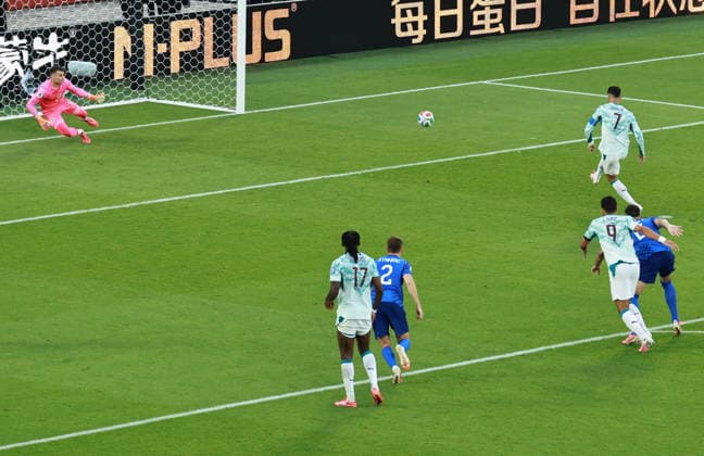 (260703) -- TORONTO, July 3, 2026 -- Cristiano Ronaldo (up R) of Portugal shoots a penalty kick and scores during the round of 32 match between Portugal and Croatia at the 2026 FIFA World Cup, WM, Weltmeisterschaft, Fussball at Toronto Stadium in Toronto, Canada, July 2, 2026. (Photo by Xinhua) (SP)CANADA-TORONTO-FOOTBALL-FIFA WORLD CUP-ROUND OF 32-POR VS CRO YangxShu 