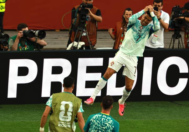 (260703) -- TORONTO, July 3, 2026 -- Cristiano Ronaldo (top R) of Portugal celebrates after scoring a penalty kick during the round of 32 match between Portugal and Croatia at the 2026 FIFA World Cup, WM, Weltmeisterschaft, Fussball at Toronto Stadium in Toronto, Canada, July 2, 2026. (Photo by Xinhua) (SP)CANADA-TORONTO-FOOTBALL-FIFA WORLD CUP-ROUND OF 32-POR VS CRO YangxShu 