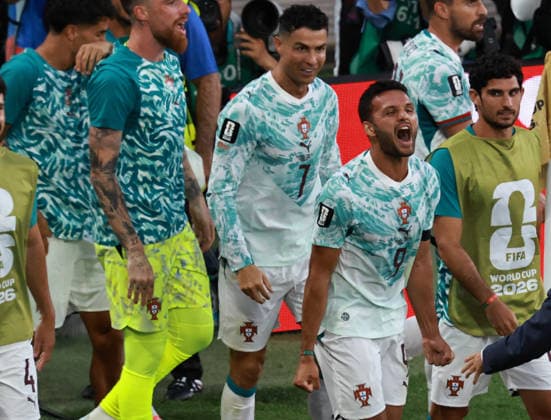 (260703) -- TORONTO, July 3, 2026 -- Goncalo Ramos (bottom, 2nd R) of Portugal celebrates after scoring during the round of 32 match between Portugal and Croatia at the 2026 FIFA World Cup, WM, Weltmeisterschaft, Fussball at Toronto Stadium in Toronto, Canada, July 2, 2026. (Photo by Xinhua) (SP)CANADA-TORONTO-FOOTBALL-FIFA WORLD CUP-ROUND OF 32-POR VS CRO YangxShu 