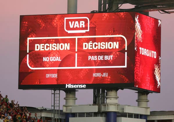 (260703) -- TORONTO, July 3, 2026 -- The big screen displays a no goal message after a review during the round of 32 match between Portugal and Croatia at the 2026 FIFA World Cup, WM, Weltmeisterschaft, Fussball at Toronto Stadium in Toronto, Canada, July 2, 2026. (Photo by Xinhua) (SP)CANADA-TORONTO-FOOTBALL-FIFA WORLD CUP-ROUND OF 32-POR VS CRO ZouxZheng 