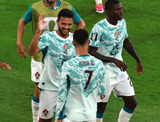(260703) -- TORONTO, July 3, 2026 -- Goncalo Ramos (2nd L) of Portugal celebrates after scoring during the round of 32 match between Portugal and Croatia at the 2026 FIFA World Cup, WM, Weltmeisterschaft, Fussball at Toronto Stadium in Toronto, Canada, July 2, 2026. (Photo by Xinhua) (SP)CANADA-TORONTO-FOOTBALL-FIFA WORLD CUP-ROUND OF 32-POR VS CRO YangxShu 
