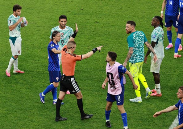 (260703) -- TORONTO, July 3, 2026 -- Referee Espen Eskas gestures that Croatia s second goal is disallowed before the end of the round of 32 match between Portugal and Croatia at the 2026 FIFA World Cup, WM, Weltmeisterschaft, Fussball at Toronto Stadium in Toronto, Canada, July 2, 2026. (Photo by Xinhua) (SP)CANADA-TORONTO-FOOTBALL-FIFA WORLD CUP-ROUND OF 32-POR VS CRO YangxShu 