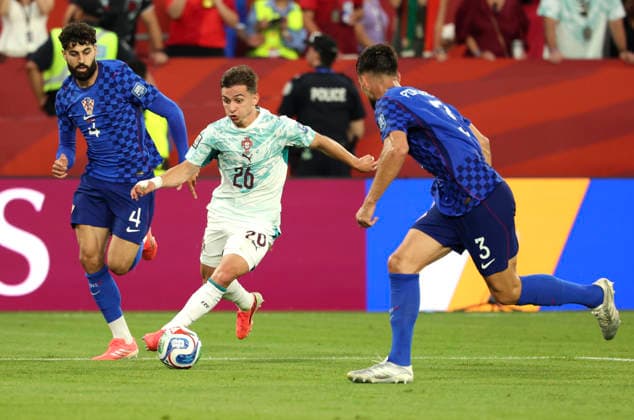 (260703) -- TORONTO, July 3, 2026 -- Francisco Conceicao (C) of Portugal vies with Marin Pongracic (R) of Croatia during the round of 32 match between Portugal and Croatia at the 2026 FIFA World Cup, WM, Weltmeisterschaft, Fussball at Toronto Stadium in Toronto, Canada, July 2, 2026. (Photo by Xinhua) (SP)CANADA-TORONTO-FOOTBALL-FIFA WORLD CUP-ROUND OF 32-POR VS CRO ZouxZheng 