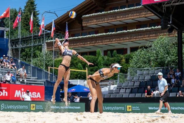 GSTAAD, SWITZERLAND - JULY 2: Joana Mäder (Player No. 1, SUI), Leona Kernen (Player No. 2, SUI) during the Beach Pro Tour - Elite 16 at Gstaad on July 2, 2026 in Gstaad, Switzerland. Switzerland Copyright: xPeterxWeberx