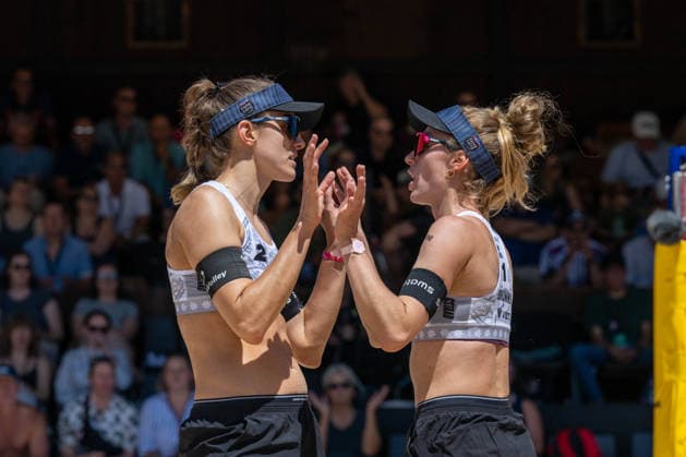 GSTAAD, SWITZERLAND - JULY 2: Tanja Hüberli (Player No. 2, SUI), Nina Brunner (Player No. 1, SUI) during the Beach Pro Tour - Elite 16 at Gstaad on July 2, 2026 in Gstaad, Switzerland. Switzerland Copyright: xPeterxWeberx