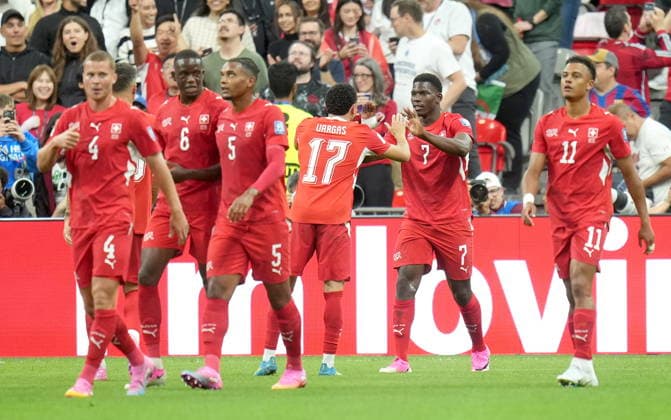 FIFA World Cup, WM, Weltmeisterschaft, Fussball 2026 - Round of 32 - Switzerland vs Algeria Breel Embolo (2R) of Switzerland celebrates with teammates after scoring the opening goal during the FIFA World Cup 2026 Round of 32 match Switzerland against Algeria, in Vancouver, Canada, 03 July 2026. VANCOUVER Canada  Copyright: xBOBxFRIDx