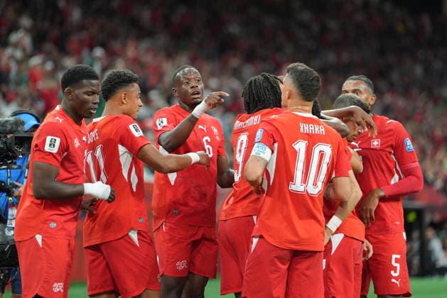 Switzerland v Algeria - FIFA World Cup, WM, Weltmeisterschaft, Fussball 2026 - Round of 32 VANCOUVER, CANADA - JULY 02: Breel Embolo (7) of Switzerland celebrates with teammates after scoring a goal during the 2026 FIFA World Cup Round of 32 match between Switzerland and Algeria at BC Place (Vancouver Stadium) in Vancouver, British Columbia, Canada on July 02, 2026. Ercin Erturk Anadolu British Columbia Canada. Editorial use only. Please get in touch for any other usage.  Copyright: x2026xAnadoluxErcinxErturkx