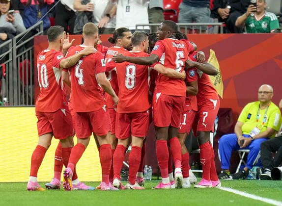 FIFA World Cup, WM, Weltmeisterschaft, Fussball 2026 - Round of 32 - Switzerland vs Algeria Players of Switzerland celebrate after scoring the opening goal during the FIFA World Cup 2026 Round of 32 match Switzerland against Algeria, in Vancouver, Canada, 03 July 2026. VANCOUVER Canada  Copyright: xBOBxFRIDx
