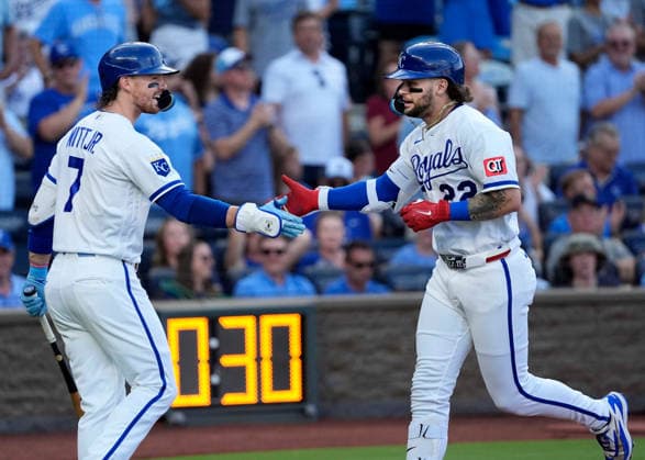 July 02, 2026: Kansas City Royals shortstop Bobby Witt Jr. (7) congratulates Kansas City Royals catcher Carter Jensen (22) after a solo home run against the Rays at Kauffman Stadium Kansas City, Missouri. CSM. Kansas City United States - ZUMAc04_ 20260702_zma_c04_040 Copyright: xJonxRobichaudx
