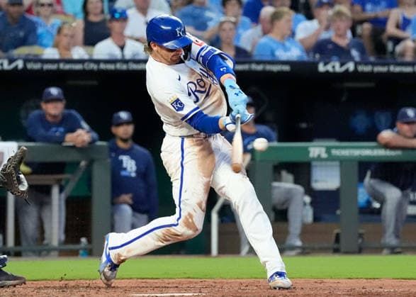 July 02, 2026: Kansas City Royals shortstop Bobby Witt Jr. (7) drives a pitch to center field in the 8th inning against the Rays at Kauffman Stadium Kansas City, Missouri. CSM. Kansas City United States - ZUMAc04_ 20260702_zma_c04_045 Copyright: xJonxRobichaudx