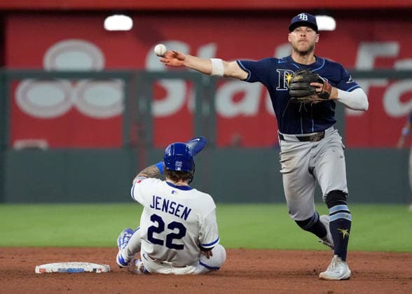 July 02, 2026: Cleveland Guardians short stop Taylor Walls turns a double play over Kansas City Royals catcher Carter Jensen (22) at Kauffman Stadium Kansas City, Missouri. CSM. Kansas City United States - ZUMAc04_ 20260702_zma_c04_055 Copyright: xJonxRobichaudx