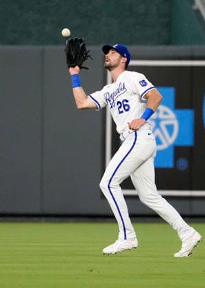 July 02, 2026: Kansas City Royals right fielder Kameron Misner (26) makes a catch in right field for the out against the Rays at Kauffman Stadium Kansas City, Missouri. CSM. MLB, Baseball Herren, USA 2026; Rays Vs Royals July 2nd  - ZUMAc04_ 20260702_zma_c04_049 Copyright: xJonxRobichaudx