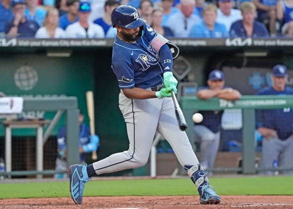 July 02, 2026: Tampa Bay Rays third baseman Junior Caminero (13) connects on a pitch against the Royals at Kauffman Stadium Kansas City, Missouri. CSM. MLB, Baseball Herren, USA 2026; Rays Vs Royals July 2nd  - ZUMAc04_ 20260702_zma_c04_050 Copyright: xJonxRobichaudx