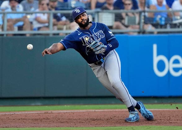 July 02, 2026: Tampa Bay Rays third baseman Junior Caminero (13) throws across the diamond for the out against the Royals at Kauffman Stadium Kansas City, Missouri. CSM. MLB, Baseball Herren, USA 2026; Rays Vs Royals July 2nd  - ZUMAc04_ 20260702_zma_c04_054 Copyright: xJonxRobichaudx