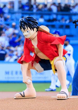 July 2, 2026, Los Angeles, California, USA: Monkey D. Luffy, the main character from the manga and anime series One Piece, throws the ceremonial first pitch before an MLB, Baseball Herren, USA regular-season game between the Los Angeles Dodgers and the San Diego Padres on Thursday, July 2, 2026, at Dodger Stadium in Los Angeles. JAVIER ROJAS PI Los Angeles USA - ZUMAp124 20260702_zaa_p124_001 Copyright: xJavierxRojasx