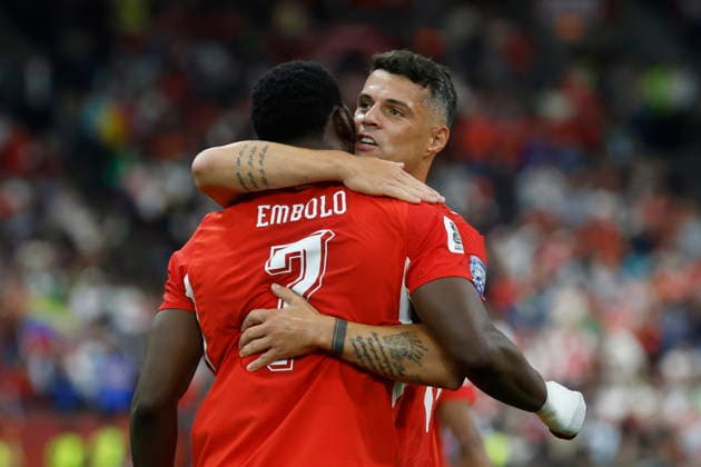 FIFA World Cup, WM, Weltmeisterschaft, Fussball 2026 - Round of 32 - Switzerland vs Algeria Switzerland s Breel Embolo (L) celebrates with teammate Granit Xhaka (behind) after scoring the opening goal during the 2026 FIFA World Cup round of 32 soccer match between Switzerland and Algeria at BC Place stadium in Vancouver, Canada, 02 July 2026. Vancouver Canada  Copyright: xPETERxKLAUNZERx