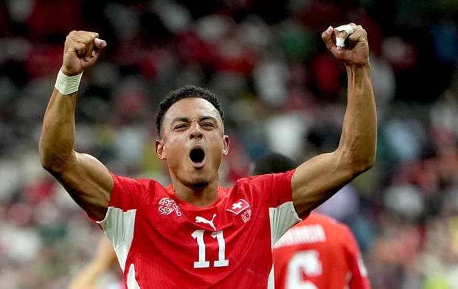 FIFA World Cup, WM, Weltmeisterschaft, Fussball 2026 - Round of 32 - Switzerland vs Algeria Dan Ndoye of Switzerland celebrates after his team s second goal during the FIFA World Cup 2026 Round of 32 match Switzerland against Algeria, in Vancouver, Canada, 02 July 2026. VANCOUVER Canada  Copyright: xBOBxFRIDx