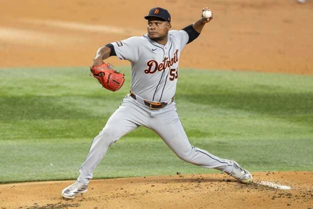 July 2, 2026, Arlington, Texas, USA: Detroit Tigers pitcher FRAMBER VALDEZ (59) during a MLB, Baseball Herren, USA game between the Detroit Tigers and Texas Rangers at Globe Life Field. Rangers win 10-4. MLB 2026: Rangers 10:4 Tigers  - ZUMAf180 20260702_zsp_f180_017 Copyright: xMarkxFannx