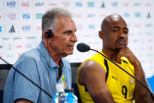 (260703) -- KANSAS CITY, July 3, 2026 -- Ghana s head coach Carlos Queiroz (L) and Jordan Ayew attend a press conference, PK, Pressekonferenz ahead of the round of 32 match between Colombia and Ghana at the FIFA World Cup, WM, Weltmeisterschaft, Fussball 2026 in Kansas City, the United States, July 2, 2026. ) (SP)U.S.-KANSAS CITY-FOOTBALL-FIFA WORLD CUP-PRESS CONFERENCE-GHANA JiaxHaocheng 