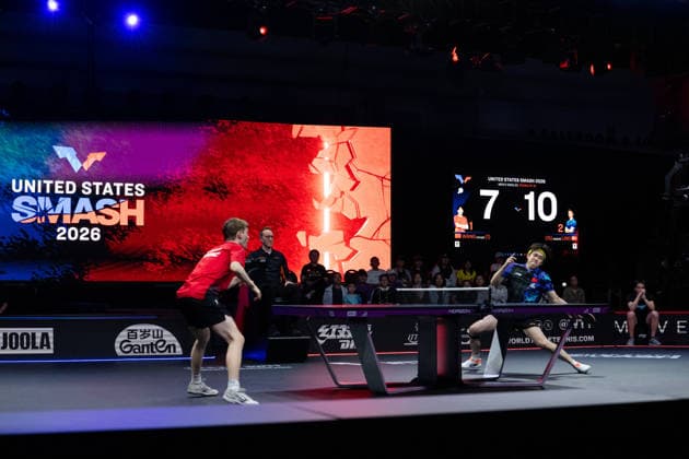 LOS ANGELES, CALIFORNIA - JULY 02: Wang Chuqin of China competes in the Men s Singles - Round of 16 match against Anders Lind of Denmark on day 7 of United States Smash 2026 at Ontario Convention Center on July 2, 2026 in Los Angeles, California.  Copyright: xVCGx 111651980434