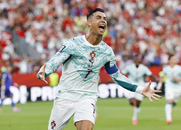 Football: 2026 World Cup Portugal s Cristiano Ronaldo reacts after scoring from the penalty spot in the second half of a World Cup round of 32 football match against Croatia at Toronto Stadium in Toronto on July 2, 2026.  A14AA0005621440P