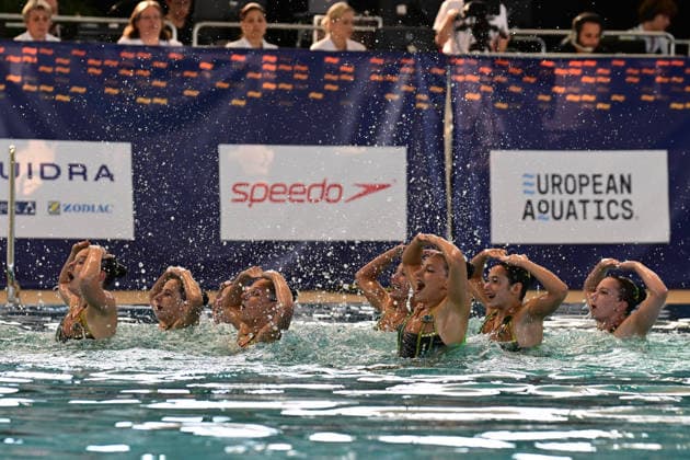 SYNCHRONSCHWIMMEN - Team Ungarn (HUN) bei den Jugend-Europameisterschaften im Synchronschwimmen in der Disziplin Team Technische Kür Finale in München am 02.07.2026, Deutschland, Oberbayern München Olympia-Schwimhalle Bayern Deutschland *** SYNCHRONIZED SWIMMING Team Hungary (HUN) at the European Junior Synchronized Swimming Championships in the Team Technical Routine Final in Munich on July 2, 2026, Germany, Upper Bavaria, Munich Olympic Swimming Hall, Bavaria, Germany