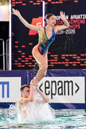 SYNCHRONSCHWIMMEN - Team Israel (ISR) bei den Jugend-Europameisterschaften im Synchronschwimmen in der Disziplin Team Technische Kür Finale in München am 02.07.2026, Deutschland, Oberbayern München Olympia-Schwimhalle Bayern Deutschland *** SYNCHRONIZED SWIMMING: Team Israel (ISR) at the European Junior Synchronized Swimming Championships in the Team Technical Routine Final in Munich on July 2, 2026, Germany, Upper Bavaria, Munich Olympic Swimming Hall, Bavaria, Germany