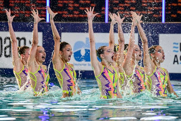 SYNCHRONSCHWIMMEN - Team Kroatien (CRO) bei den Jugend-Europameisterschaften im Synchronschwimmen in der Disziplin Team Technische Kür Finale in München am 02.07.2026, Deutschland, Oberbayern München Olympia-Schwimhalle Bayern Deutschland *** SYNCHRONIZED SWIMMING: Team Croatia (CRO) at the European Junior Synchronized Swimming Championships in the Team Technical Routine Final in Munich on July 2, 2026, Germany, Upper Bavaria, Munich Olympic Swimming Hall, Bavaria, Germany