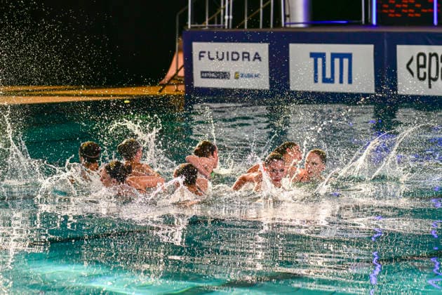 SYNCHRONSCHWIMMEN - Team Deutschland (GER) bei den Jugend-Europameisterschaften im Synchronschwimmen in der Disziplin Team Technische Kür Finale in München am 02.07.2026, Deutschland, Oberbayern München Olympia-Schwimhalle Bayern Deutschland *** SYNCHRONIZED SWIMMING Team Germany (GER) at the European Junior Synchronized Swimming Championships in the Team Technical Routine Final in Munich on July 2, 2026, Germany, Upper Bavaria, Munich Olympic Swimming Hall, Bavaria, Germany