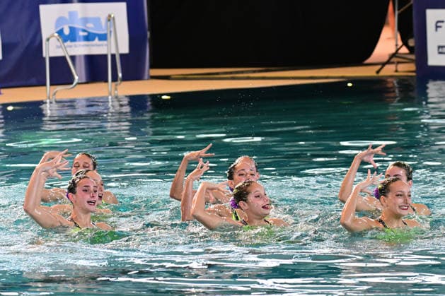 SYNCHRONSCHWIMMEN - Team Spanien (ESP) bei den Jugend-Europameisterschaften im Synchronschwimmen in der Disziplin Team Technische Kür Finale in München am 02.07.2026, Deutschland, Oberbayern München Olympia-Schwimhalle Bayern Deutschland *** SYNCHRONIZED SWIMMING Team Spain (ESP) at the European Junior Synchronized Swimming Championships in the Team Technical Routine Final in Munich on July 2, 2026, Germany, Upper Bavaria, Munich Olympic Swimming Hall, Bavaria, Germany