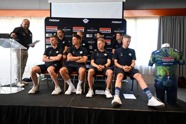 Tour de France 2026 Media Activities 03 07 2026 BARCELONA, SPAIN - JULY 03 : team Soudal - Quick Step speaking with the media during a press conference, PK, Pressekonferenz prior to the 113rd edition of Tour de France 2026, on July 3, 2026 in Barcelona, Spain, 03 07 2026 Barcelona Spain  Copyright: xTomasxSiskx