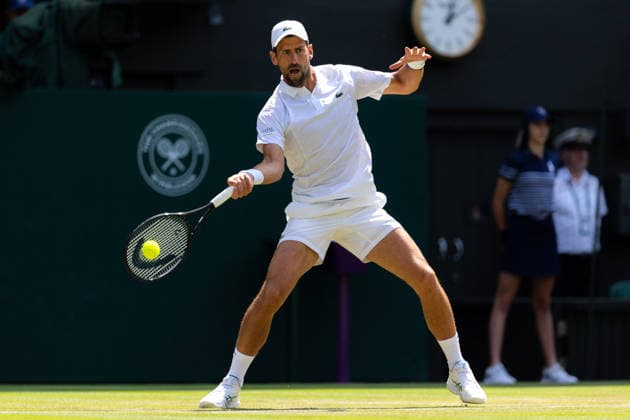 Novak Djokovic (SRB) in action during his match against Arthur Rinderknech (FRA) in the 2026 Wimbledon Championships at the AELTC London London All England Lawn Tennis and Croquet Club Wimbledon England, UK NEWSPAPERS OUT Copyright: xImmyxThompson-Bland IPSxPhotoxAgencyx