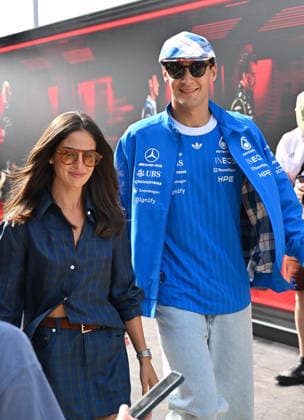 Formula 1, Arrivals, Silverstone, UK, 03 July, 2026. 03 July 2026. George Russell, Mercedes, with his girlfriend Carmen Montero Mundt as they arrive at the Formula 1 Pirelli British Grand Prix at Silverstone, Northamptonshire, UK., Credit:Lee Floyd Lee Floyd - B3214 Avalon UK, Northamptonshire, London, Silverstone  Copyright: xLeexFloydx xLeexFloydx-xB3214x xAvalonx 1114147847
